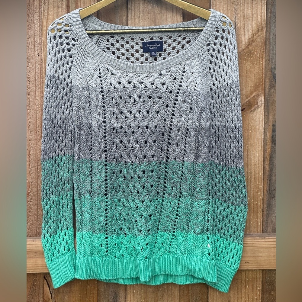 American Eagle AEO Crochet Cable Open Knit Sweater Womens Small Gray Green Ombre